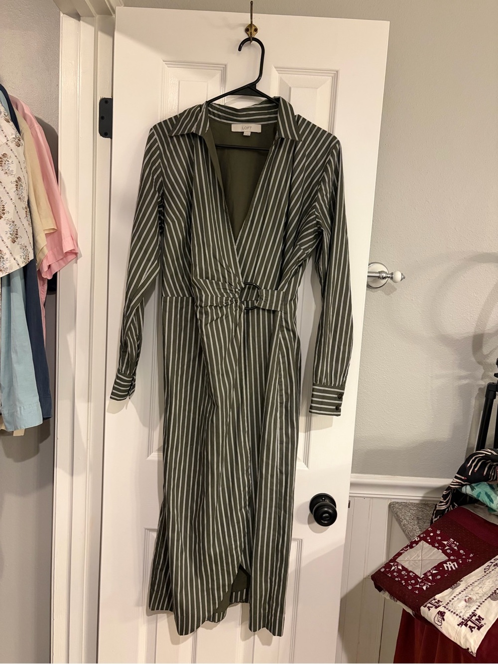 Loft Green White Stripe O Ring Wrap Shirt Dress Size 6